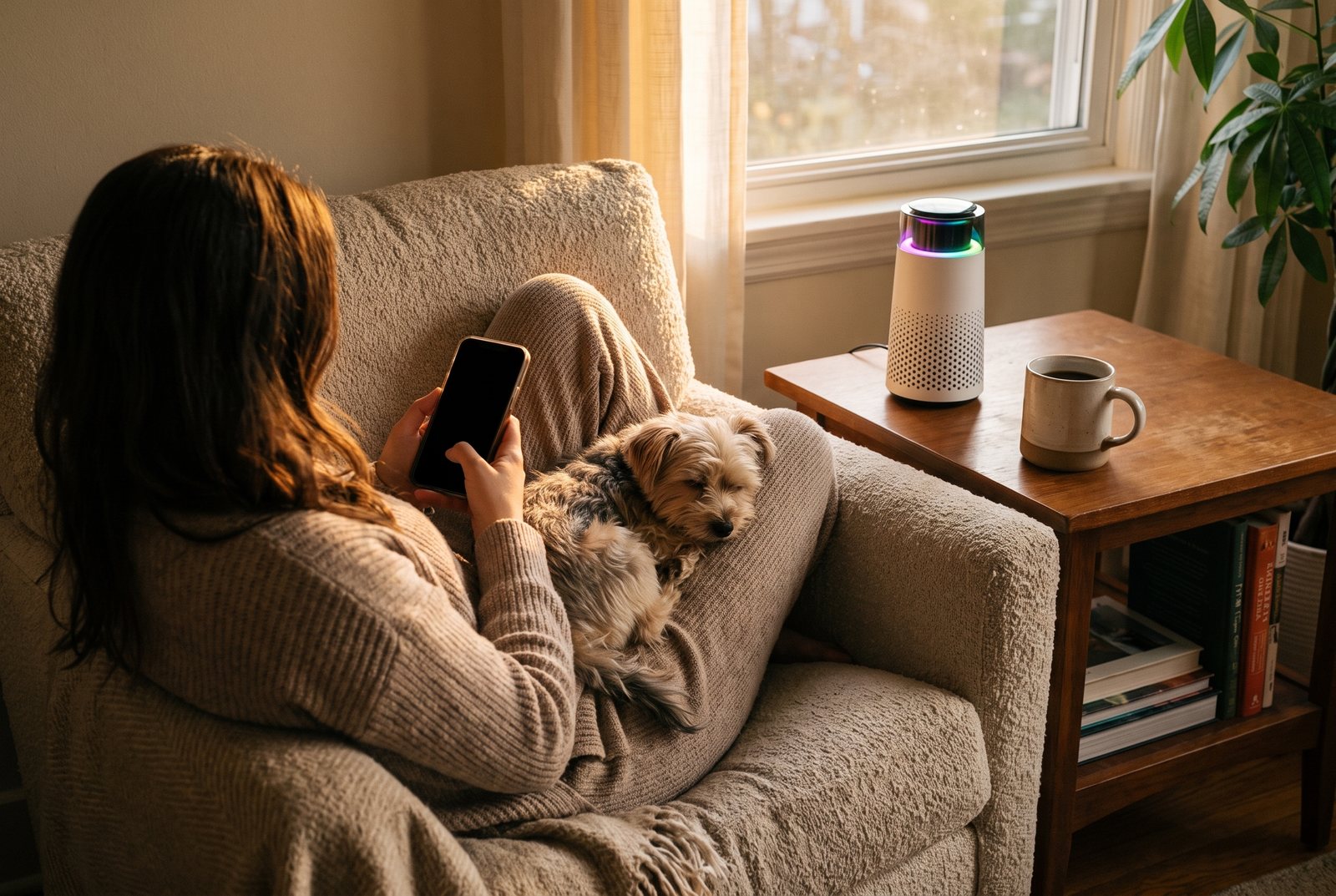 A woman in an armchair checking her phone with a small dog asleep on her lap, the Puppy Kind purifier on the side table.