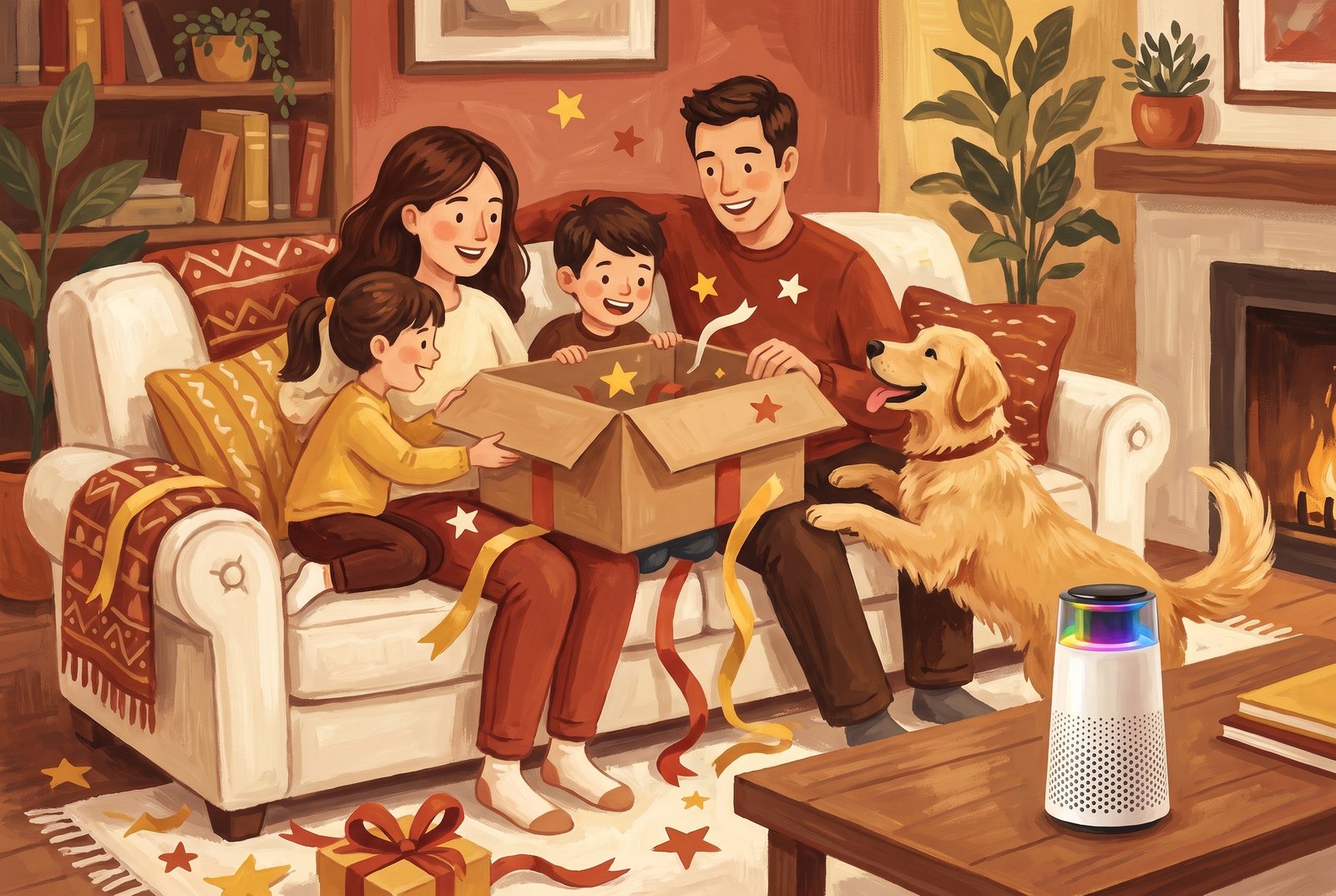 Warm gouache illustration of a family and a golden retriever opening a delivery box, the purifier glowing on the coffee table.