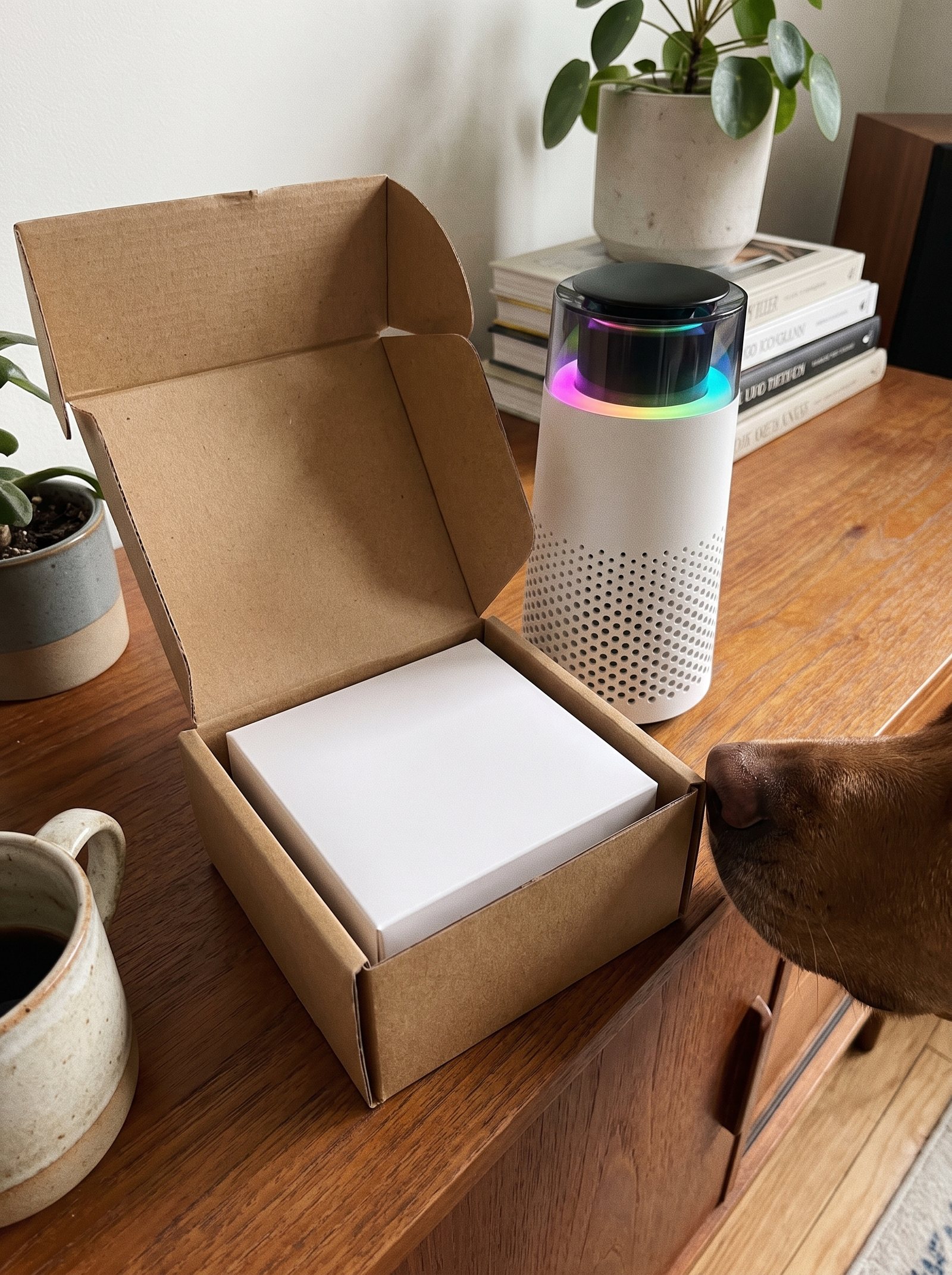 An opened kraft box holding a plain white filter box on a sideboard beside the Puppy Kind purifier, with a dog's nose entering the frame.