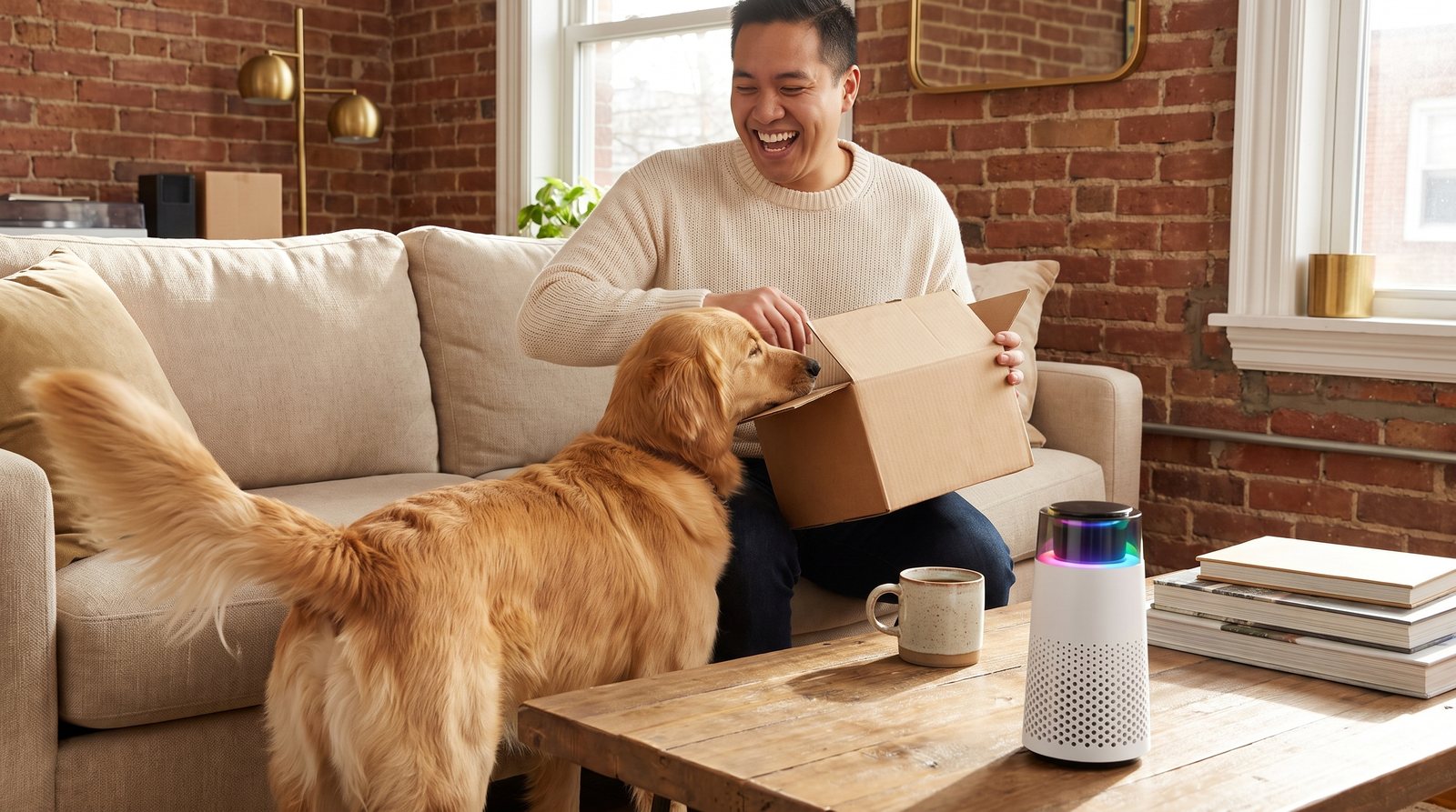A smiling man on a sofa opening a kraft delivery box while his golden retriever sniffs inside, the Puppy Kind purifier glowing on the coffee table.