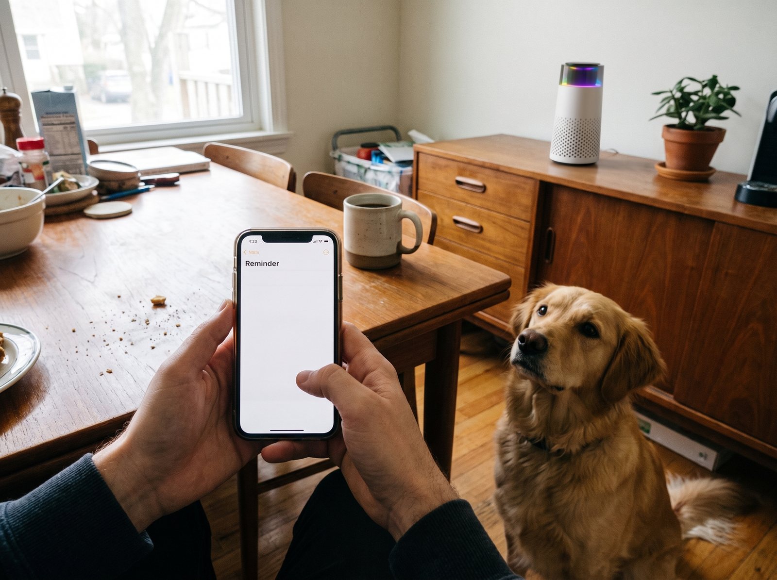 Hands holding a phone at a dining table while a golden retriever sits waiting, with the Puppy Kind purifier on the sideboard behind.