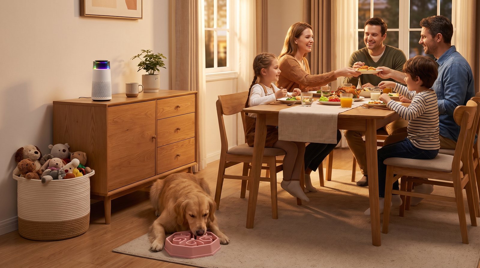 A golden retriever on a pink slow feeder puzzle in a family dining room, a woven toy basket in the corner and the Puppy Kind purifier on the sideboard.