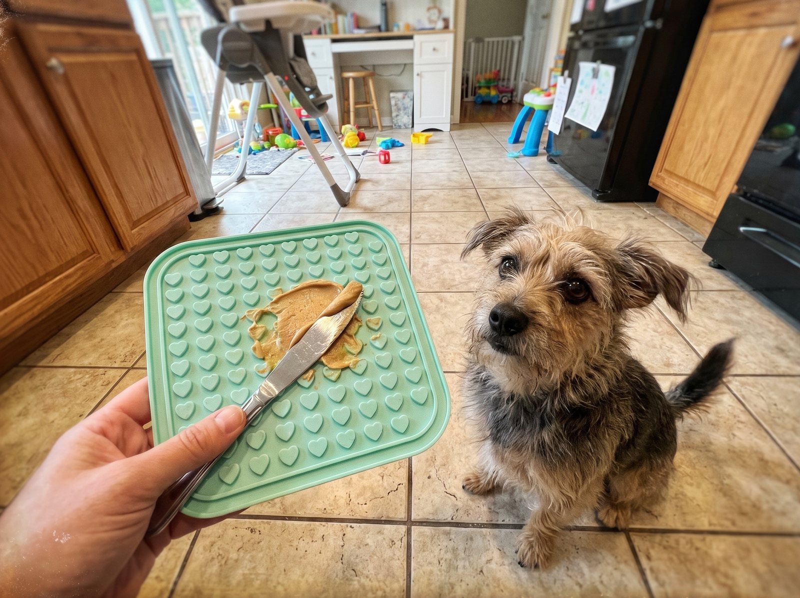 A hand spreading soft food over a mint silicone lick mat on a kitchen floor, a small dog waiting beside it.