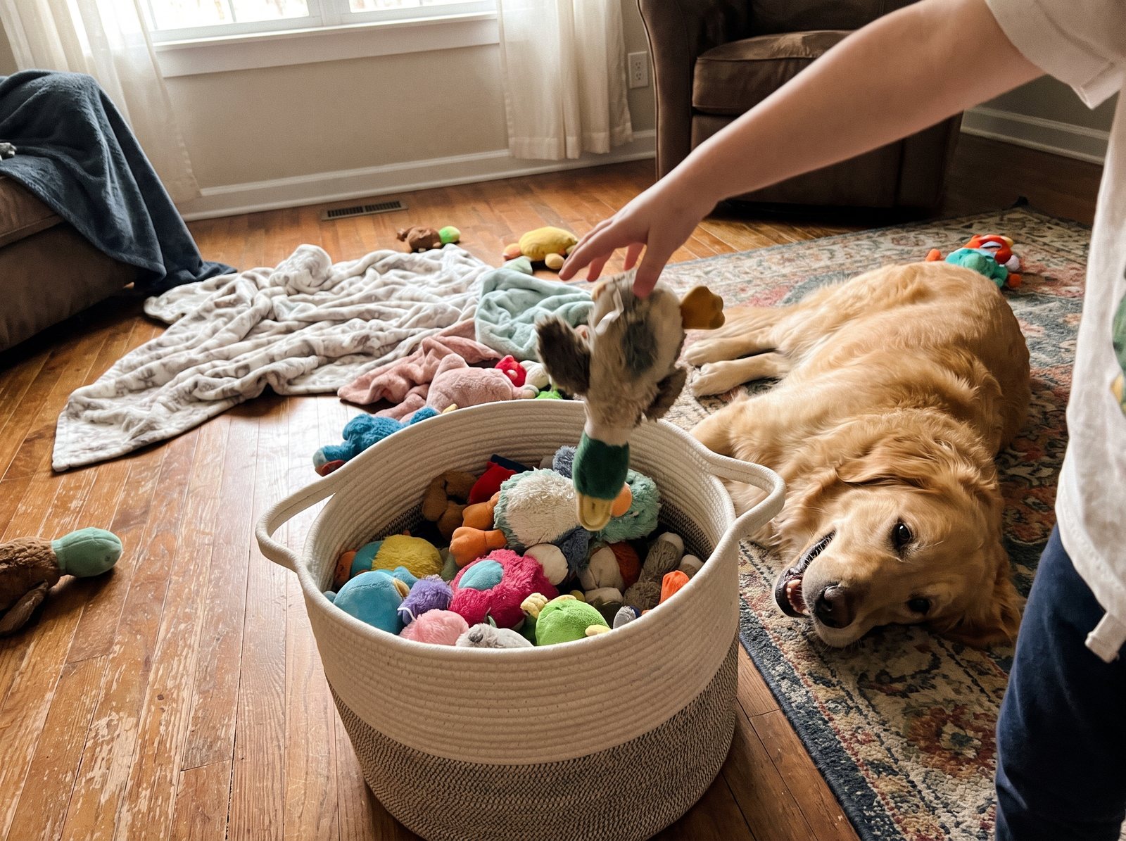 A child dropping a plush duck toy into a woven cotton toy basket, a golden retriever lying beside it.