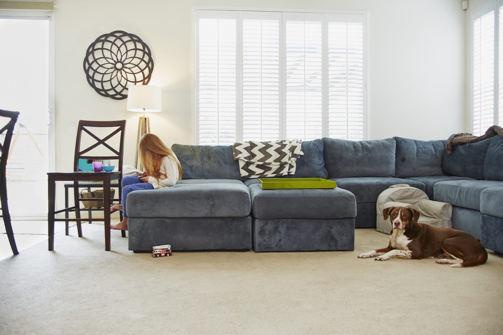 A brown dog lies on the carpet of a wide family living room with a sectional sofa while a girl uses a tablet near the dining table.